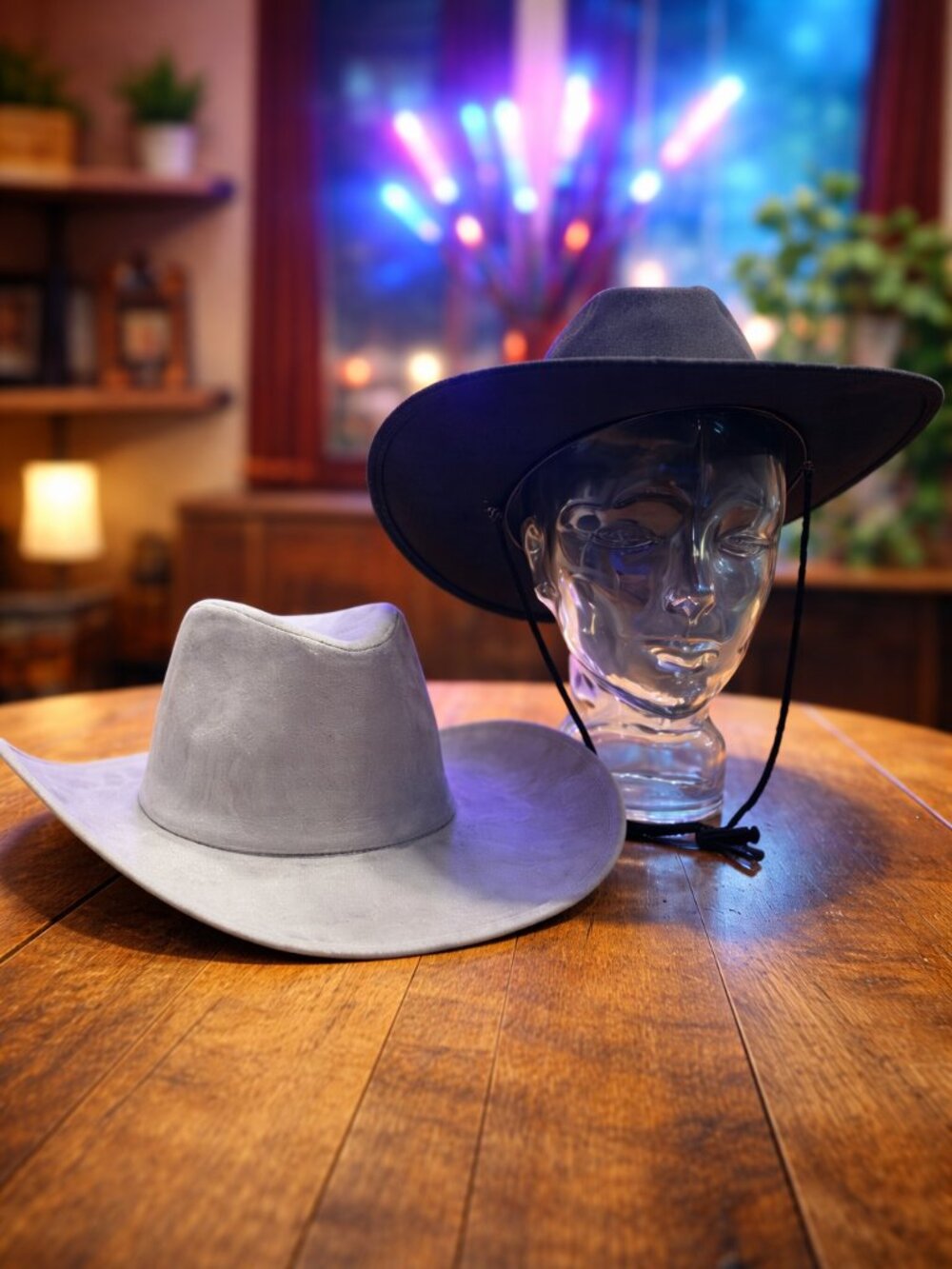 2x Wide Brim Suede/Felt Cowboy Hats - Light Gray and Black